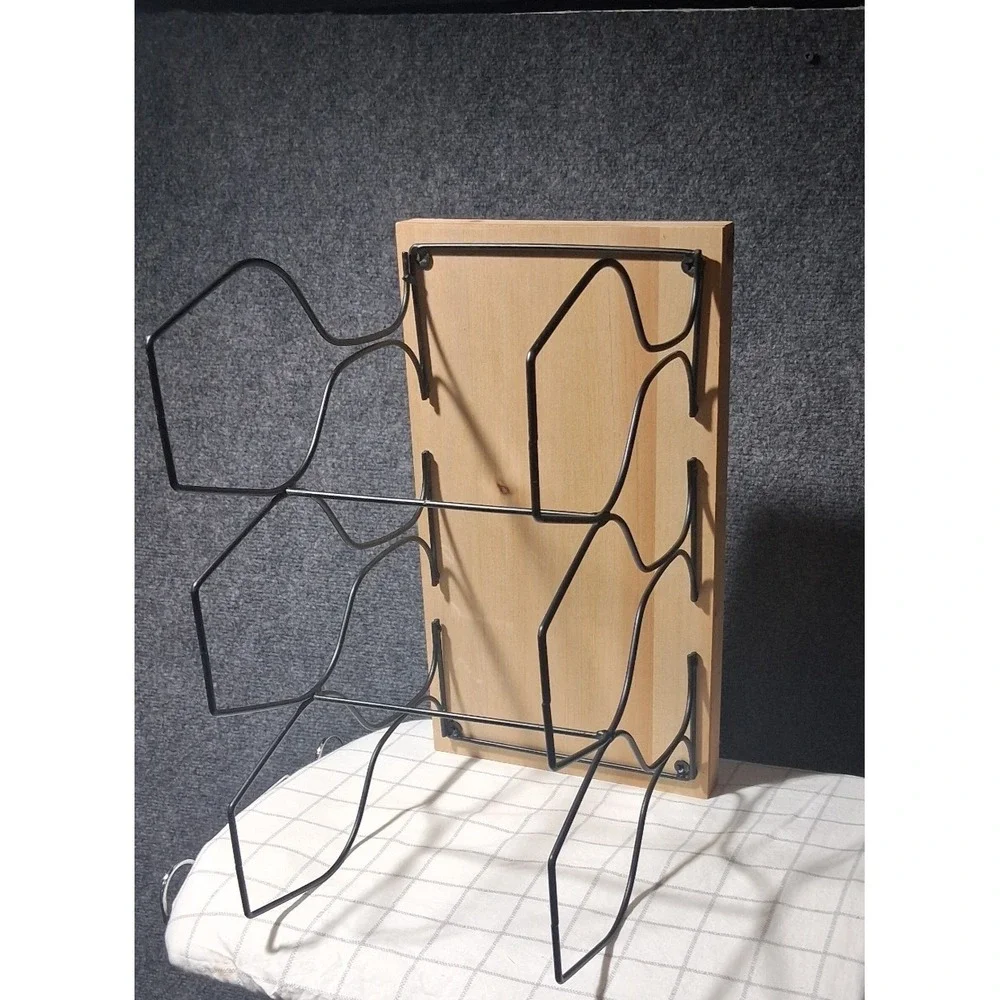 Modern Industrial 6 Bottle Wine‎ Rack Wood Base Black Metal Wire Frame 303839